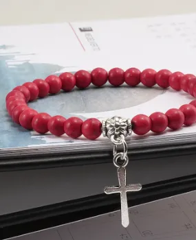 Men's Prayer Bead Bracelet — Natural Blue Beads with Volcanic Stone Cross Bracelet Detailed Display Images