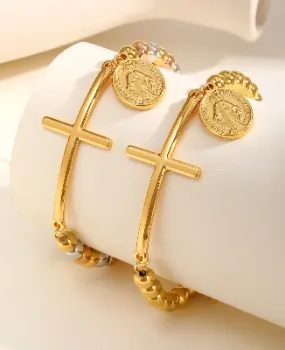 Women's Rosary Bracelet—St. Benedict Cross Bead Stainless Steel Stretch Bracelet Detailed Product Images