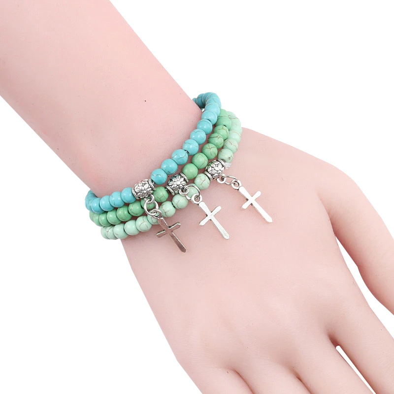 Men Rosary Bracelet – Natural Blue Bead & Volcanic Stone Cross Bracelet - Image 4