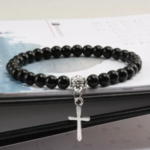 Men Rosary Bracelet – Natural Blue Bead & Volcanic Stone Cross Bracelet