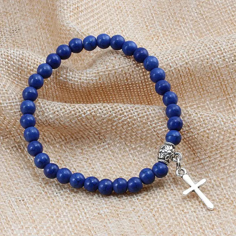 Men Rosary Bracelet – Natural Blue Bead & Volcanic Stone Cross Bracelet - Image 2