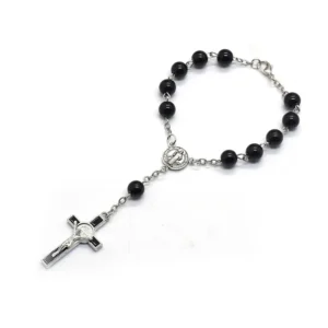 Catholic Bracelet for Men – Black Glass Bead Rosary Bracelet with Cross
