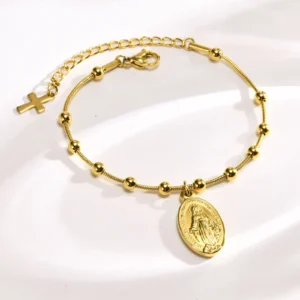Gold Bead Bracelet for Women – 18K Gold Plated Virgin Mary Rosary Bracelet with Cross
